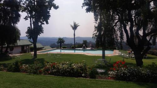 NyangaMontclair Hotel and Casino的一座种有树木和鲜花的庭院内的游泳池