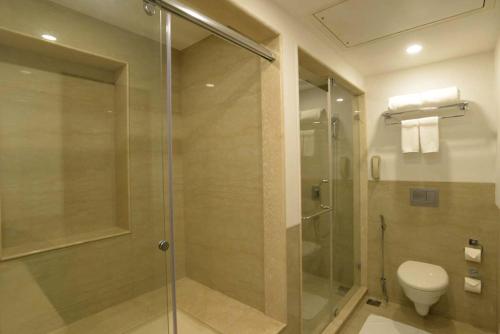 哥印拜陀哥印拜陀柠檬树酒店的一间带玻璃淋浴和卫生间的浴室