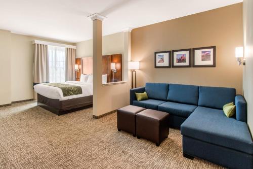 奥罗拉Comfort Suites Denver near Anschutz Medical Campus的酒店客房设有一张沙发和一张床