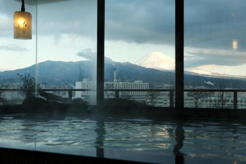 三岛市多美迎三岛酒店的享有雪覆盖山脉景致的游泳池