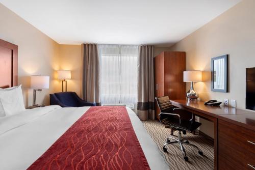 鲍曼维尔Comfort Inn & Suites的配有一张床和一张书桌的酒店客房