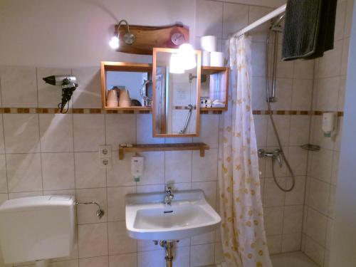 阿伦贝格祖尔布格斯查克餐厅酒店的一间带水槽和淋浴帘的浴室