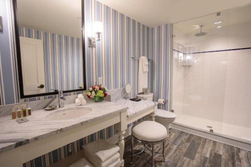 格洛斯特Beauport Hotel Gloucester的一间带水槽、卫生间和镜子的浴室