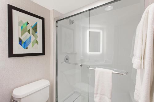洛杉矶西洛杉矶智选假日酒店的带淋浴的浴室以及带玻璃门的卫生间。