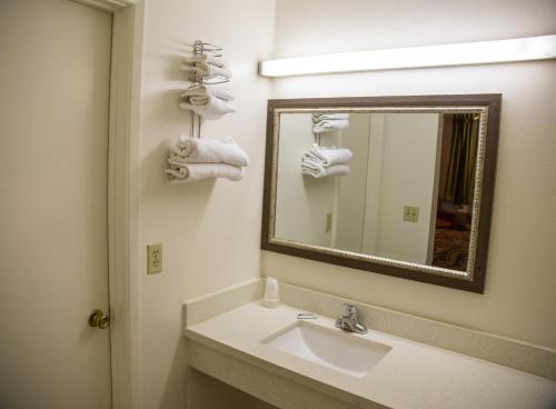 凤凰城Travel Inn的浴室配有盥洗盆、镜子和毛巾