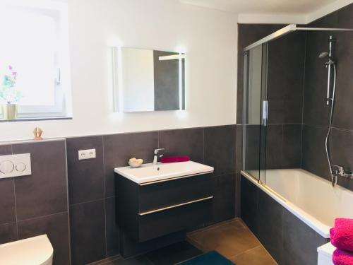 施瓦茨Apartment LUIZ的一间带水槽、淋浴和卫生间的浴室