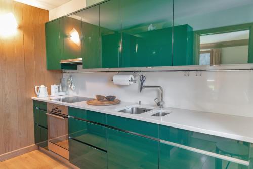 楚奥茨Chesa Viroula - Zuoz的厨房配有绿色橱柜和水槽