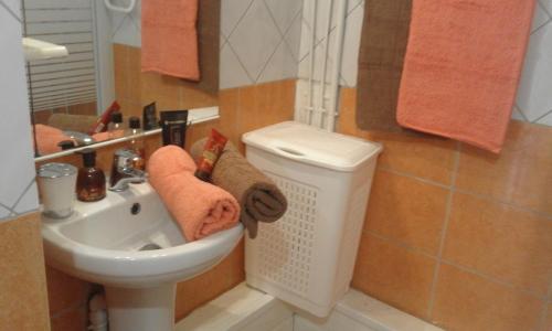 勒拉芒坦COQUET F2 CLIMATISE AVEC PISCINE AU LAMENTIN的浴室配有盥洗盆和带毛巾的卫生间。