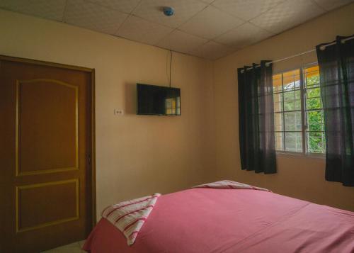 戴维Residencial El Viajero的卧室配有粉红色的床和窗户。