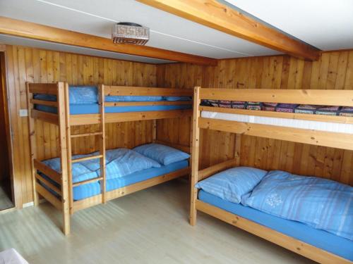 Alt Sankt JohannFerienhaus Gubel的木墙客房的两张双层床