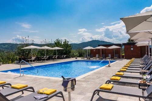 塞里特雷尼科德杰尼伽酒店的游泳池,带椅子和遮阳伞