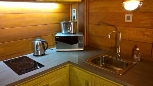 马埃岛Bois Joli的厨房柜台配有微波炉和水槽