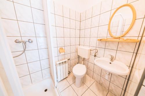 扎科帕内Hostel & Apartments u Florka 2的一间带卫生间、水槽和镜子的浴室