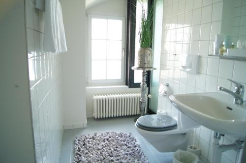 罗尔沙赫伯格Schloss Wartensee的白色的浴室设有卫生间和水槽。