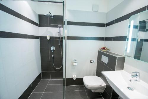 伊赫拉瓦伊甸园别墅酒店的带淋浴、卫生间和盥洗盆的浴室