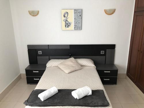 洛雷多Hotel Costa Mar的一间卧室配有一张带两个枕头的大型黑色床。