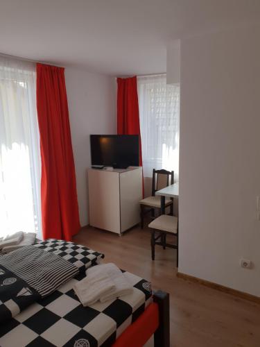 克卢日-纳波卡Guest House Andrei的一间卧室配有一张床、一台电视和一张桌子