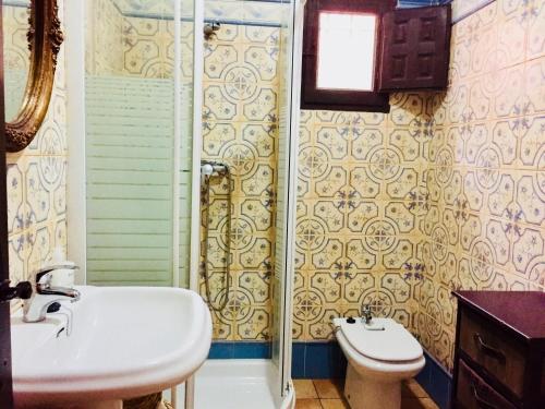 阿尔姆尼卡CASA RURAL DE ENSUEÑO的一间带水槽、淋浴和卫生间的浴室