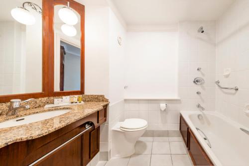 卡迪夫国敦加的夫酒店的浴室配有盥洗盆、卫生间和浴缸。