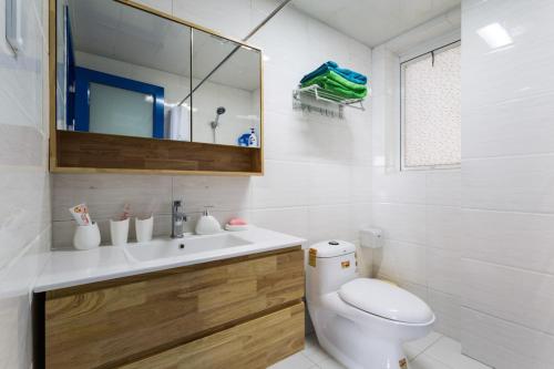 武汉武汉市江汉区·汉口火车站·路客精品公寓·00120600的一间带卫生间、水槽和镜子的浴室