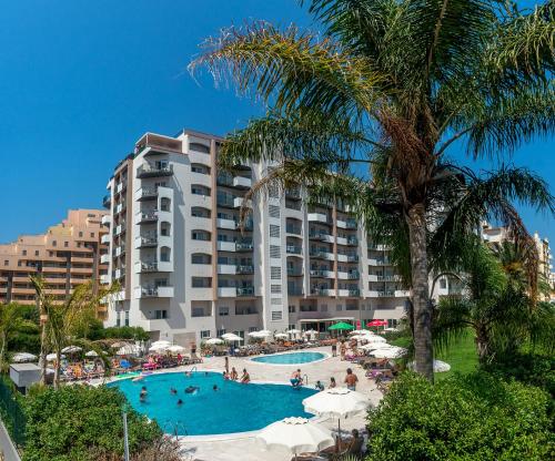 波尔蒂芒弗洛尔达罗沙酒店的一个带大型游泳池和棕榈树的度假村