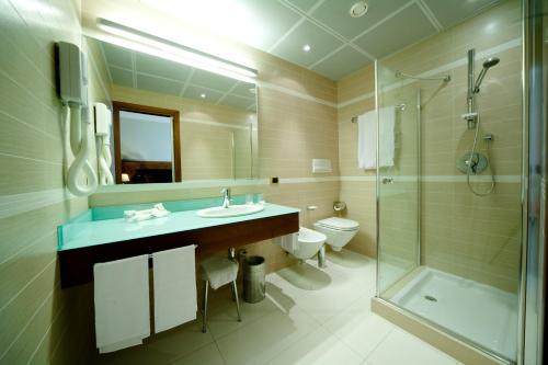米兰德埃斯特酒店的一间带水槽、淋浴和卫生间的浴室