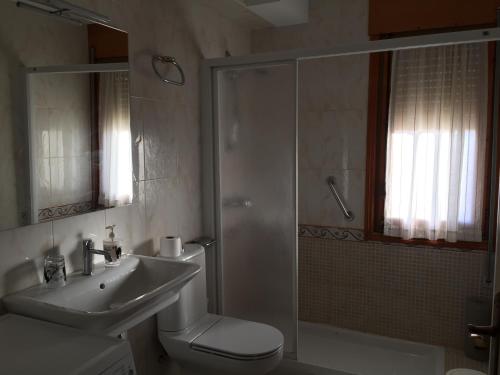 阿尔格达斯Casa Rural Casa Juli的带淋浴、卫生间和盥洗盆的浴室