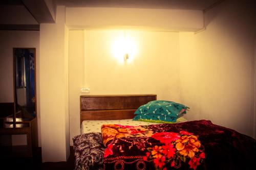 大吉岭Riva homestay family room的墙上灯的房间里一张床位