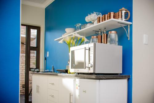 乔治Camello的厨房设有蓝色的墙壁和台面上的微波炉