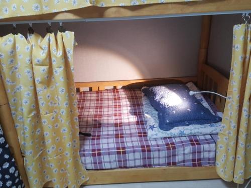 首尔ICOS一号女士宾馆 的双层床的一张床位,配有窗帘