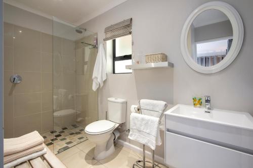 赫曼努斯Protea & Pincushion Cottages的一间带卫生间、水槽和镜子的浴室