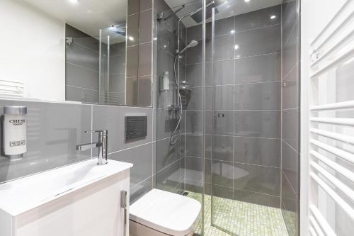 弗莱堡Deluxe Apartments Friedrichstrasse的带淋浴、卫生间和盥洗盆的浴室