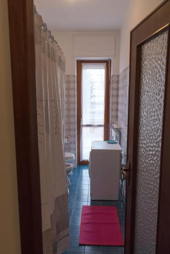 亚历山德里亚Luminoso bilocale的浴室铺有红色地毯,设有门廊。