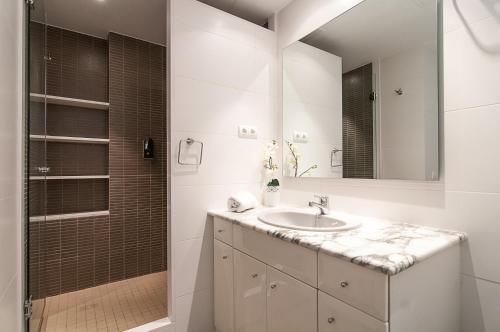 巴塞罗那维夫拉亭迪亚戈奈尔公寓的白色的浴室设有水槽和淋浴。