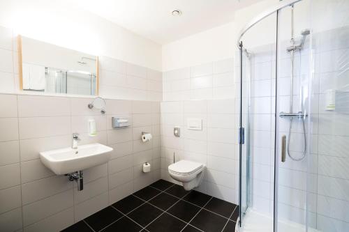 斯特拉科尼采Hotel Koflík的浴室配有卫生间、盥洗盆和淋浴。