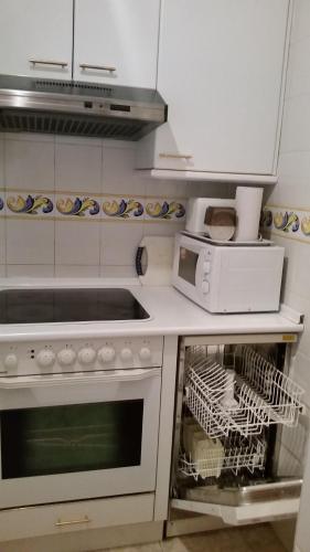 哈卡Jaca Centrum的厨房配有白色炉灶和微波炉