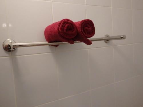 蔻立Leelawadee Khao-lak的浴室毛巾架上的2条红色毛巾