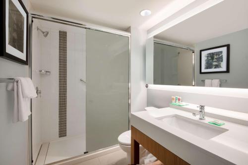 威斯敏斯特Hyatt Place Westminster Denver的一间带水槽和淋浴的浴室