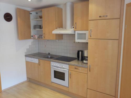 乌姆豪森李公寓的厨房配有木制橱柜、水槽和冰箱。