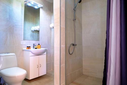 奥拉涅斯塔德Victoria City Hotel的带淋浴、卫生间和盥洗盆的浴室