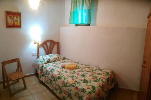 贝加德圣马特奥Chalet Ruta Las Lagunetas的一间小卧室,配有一张床和一把椅子