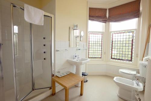 加拉希尔斯Kingsknowes Hotel的带淋浴、盥洗盆和卫生间的浴室