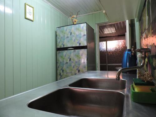 美洲花园Cabañas Piedras Blancas的厨房配有不锈钢水槽和窗户