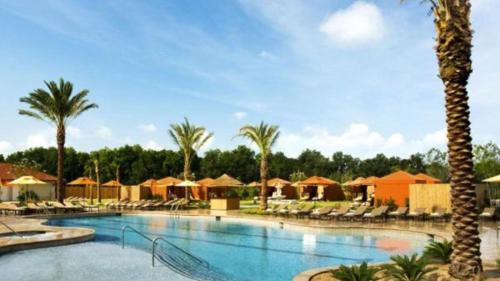 查尔斯湖L’Auberge Casino Resort Lake Charles的一个带椅子和棕榈树的度假村游泳池