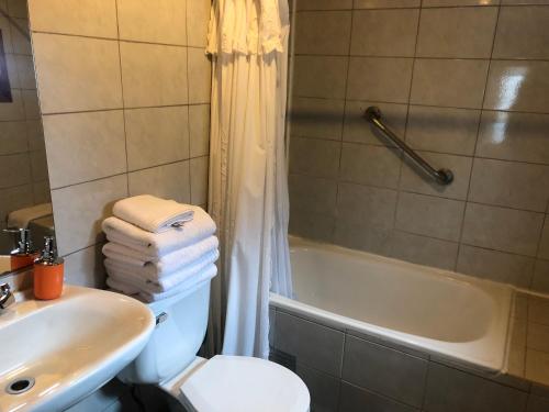 普孔阿尔卑斯酒店的浴室配有卫生间、盥洗盆和浴缸。
