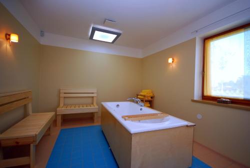 Nasva毕布图素度假屋的一间带水槽、长凳和窗户的浴室