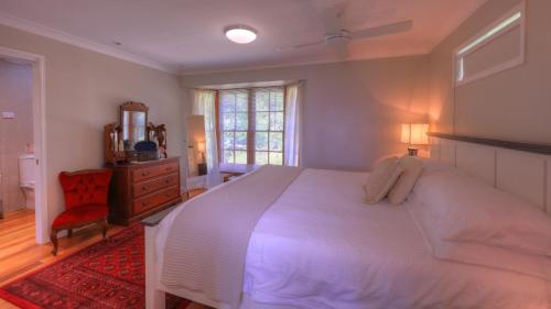 蒙特维尔The Avenue at Montville Cottage的卧室配有一张白色大床和红色地毯。