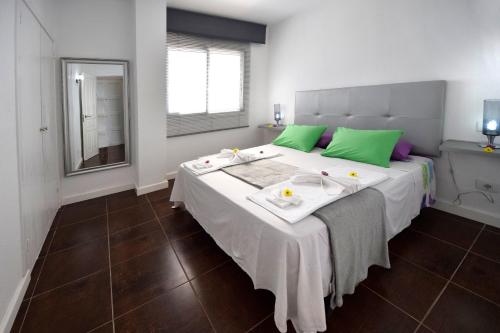 阿德耶Paraiso del Sur的一间卧室配有一张带绿色枕头的大床