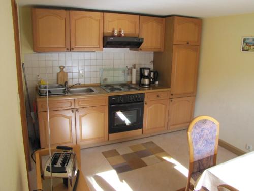 霍恩斯泰因Ferienwohnung Schade的厨房配有木制橱柜和炉灶烤箱。