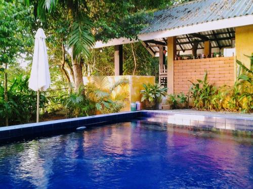 Raddoluwa兰多尼住宿加早餐旅馆的一个带白色遮阳伞和房子的游泳池